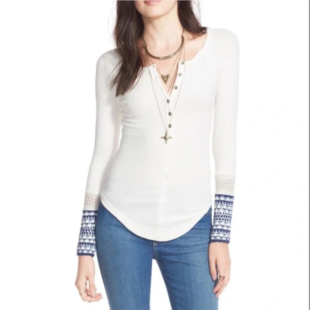 Free People Newbie Ski Lodge Cuff Thermal Henley Top Waffle Knit Layering Blue S